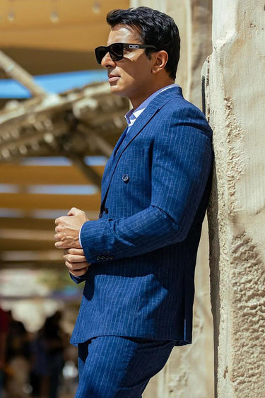 SONU-SOOD in Our Navy blue linen blazer with notched lapel collar - Bharat Reshma