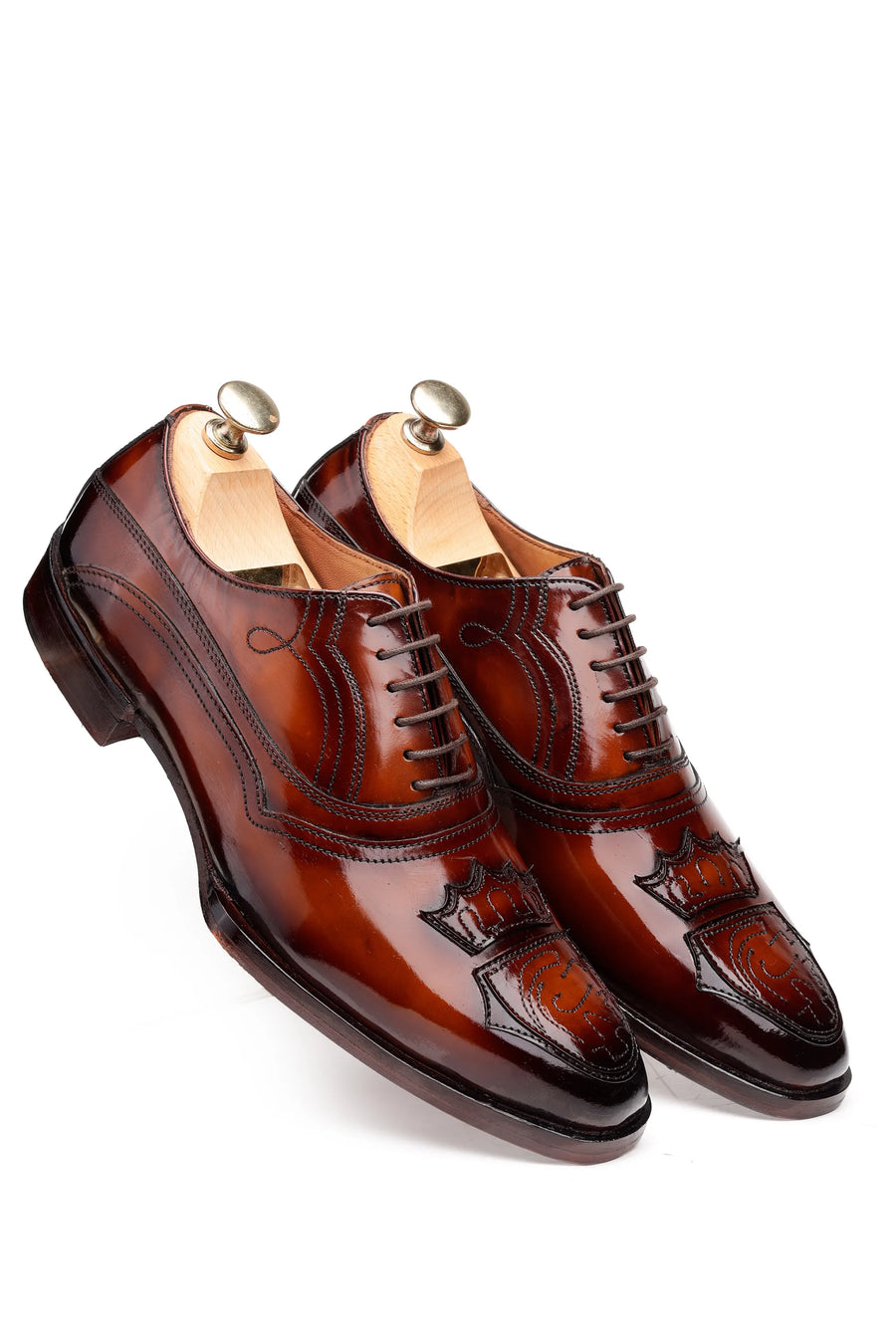 Brown Leather Oxford Shoes with Crest Patch Work