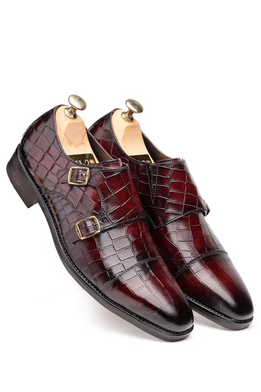 Leather Double Monk Shoes with Crocodile-Embossed Texture