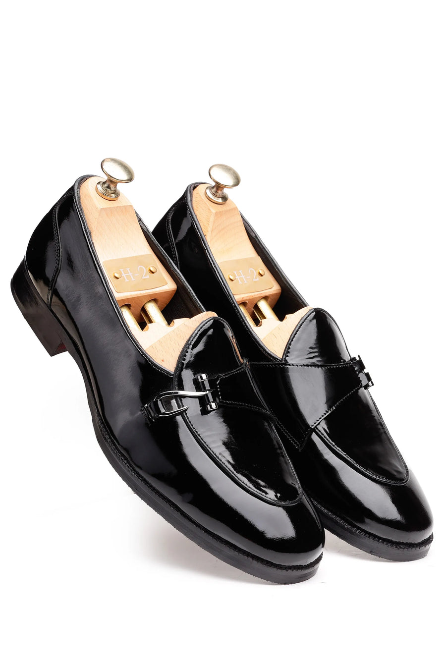 Black Patent Leather Cross-Strap Bit Loafers For Men