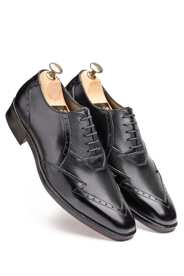 Oxblood Leather Oxford Shoes with Wingtip & Micro-Check Detailing