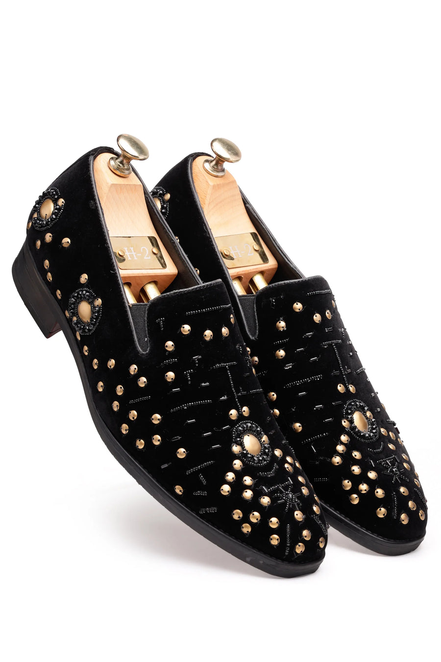 Black Velvet Loafers with Golden Studs & Moti Embellishments
