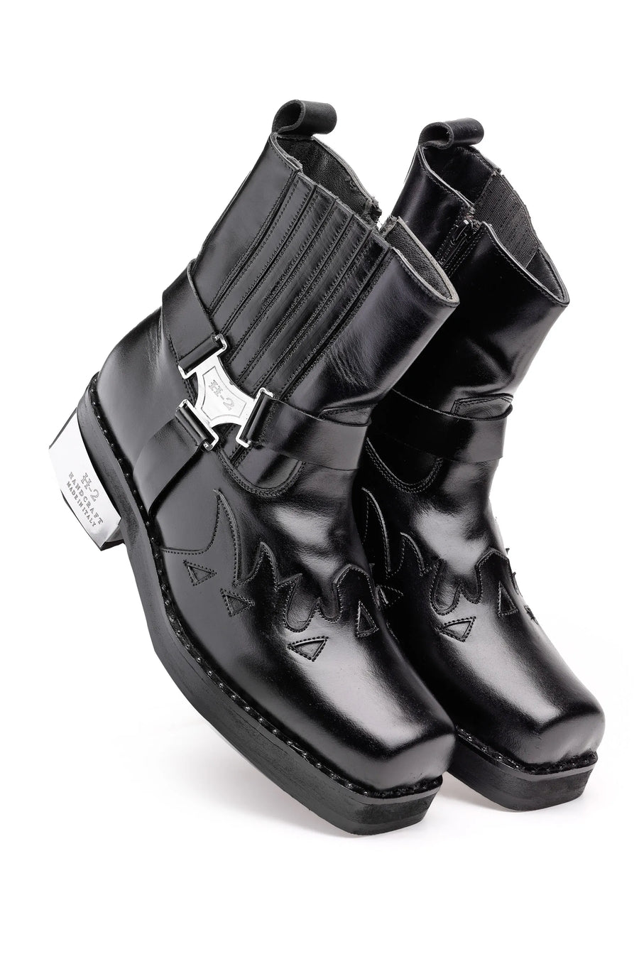 Black Pure Leather Fire-Design Boots with Metal Harness Detail