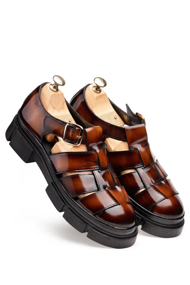 Hand-Polished Pure Leather Cage-Design Sandal Shoes