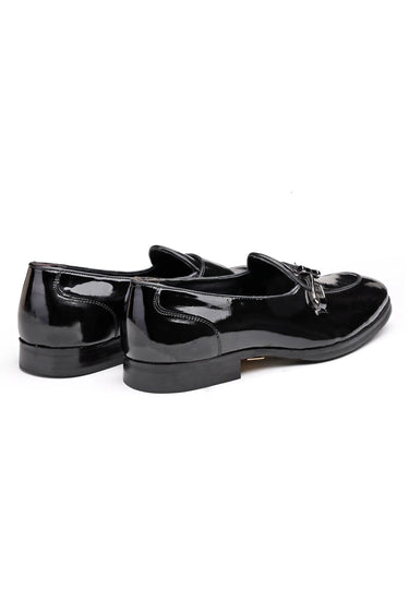 Black Patent Leather Cross-Strap Bit Loafers For Men