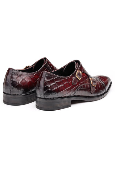 Leather Double Monk Shoes with Crocodile-Embossed Texture