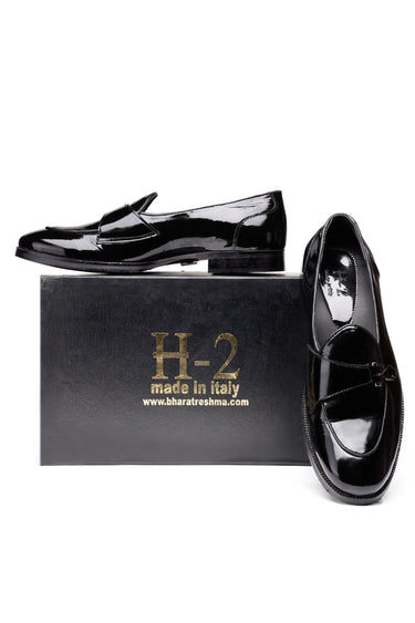 Black Patent Leather Cross-Strap Bit Loafers For Men