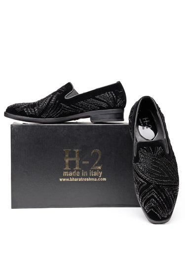Black Velvet Hand-Embroidered Party Wear Loafers for Men