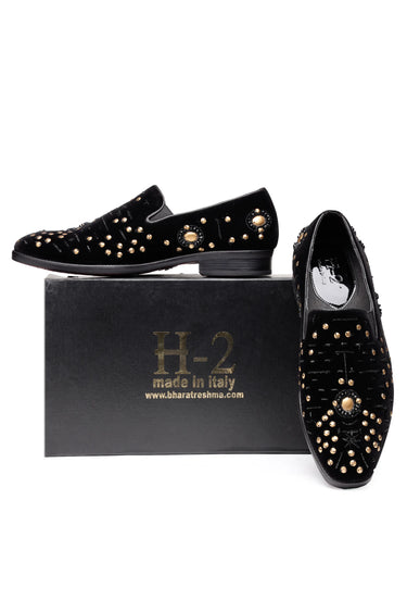 Black Velvet Loafers with Golden Studs & Moti Embellishments