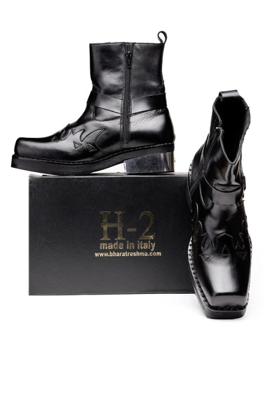 Black Pure Leather Fire-Design Boots with Metal Harness Detail