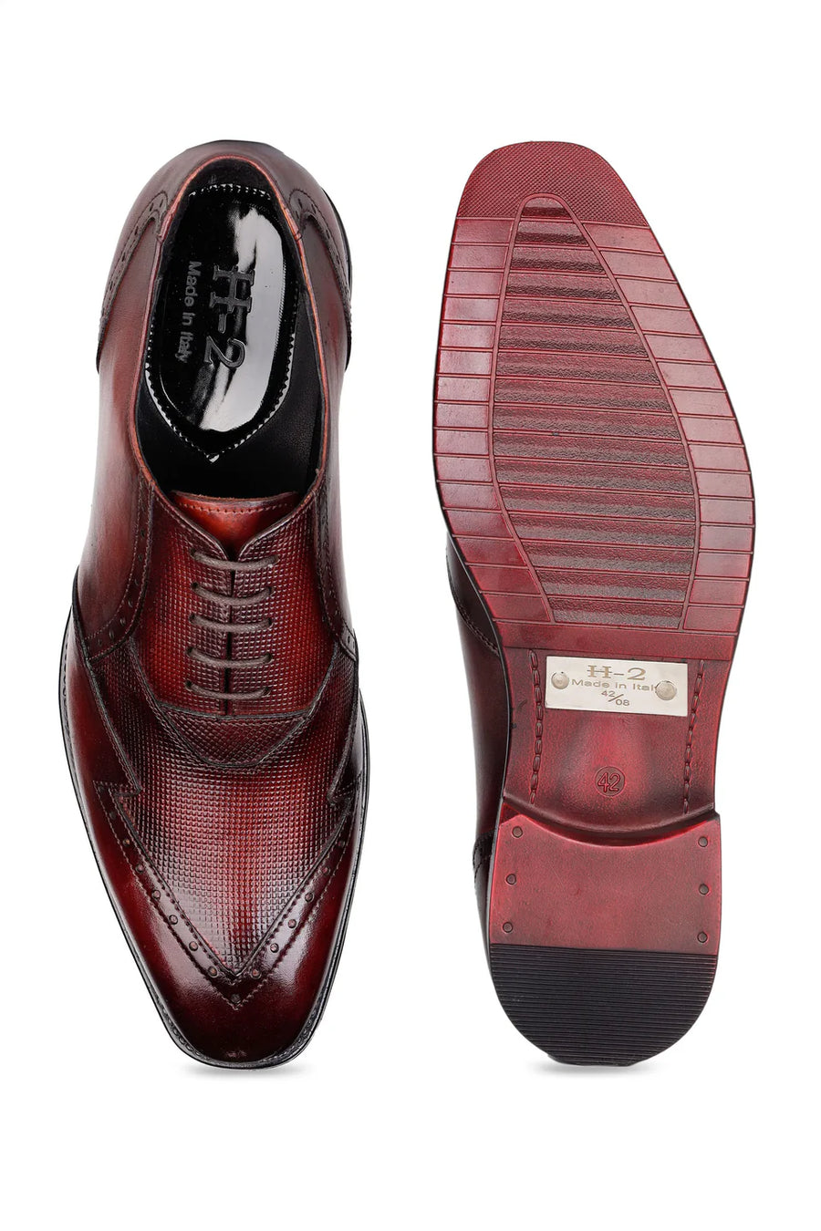 Oxblood Leather Oxford Shoes with Wingtip & Micro-Check Detailing
