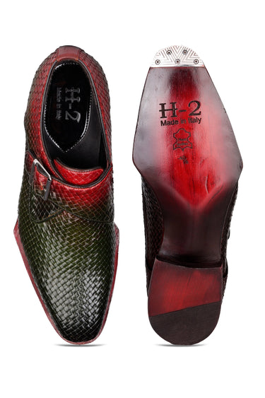 Two-Tone Red & Dark Green Python-Texture Leather Shoes
