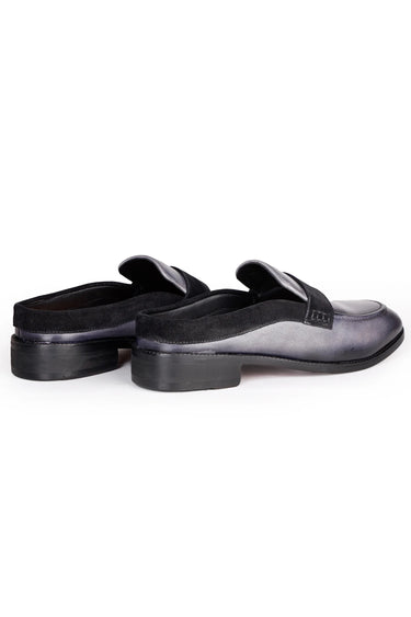 Grey Leather Mules with Black Velvet Strap Detailing