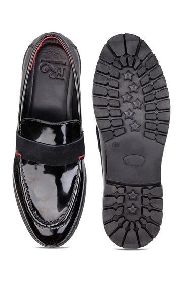 Black Patent Leather Loafers with Velvet Strap Detailing