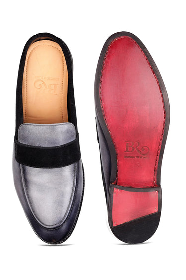 Grey Leather Mules with Black Velvet Strap Detailing