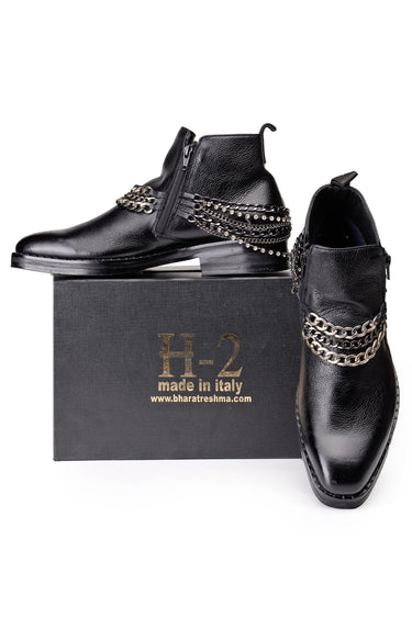 Pure Leather Ankle-Length Boots with Front & Back Chain Detailing