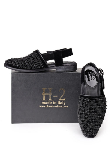 Black Velvet Low-Heel Sandals with Moti & Pearl Hand Embroidery