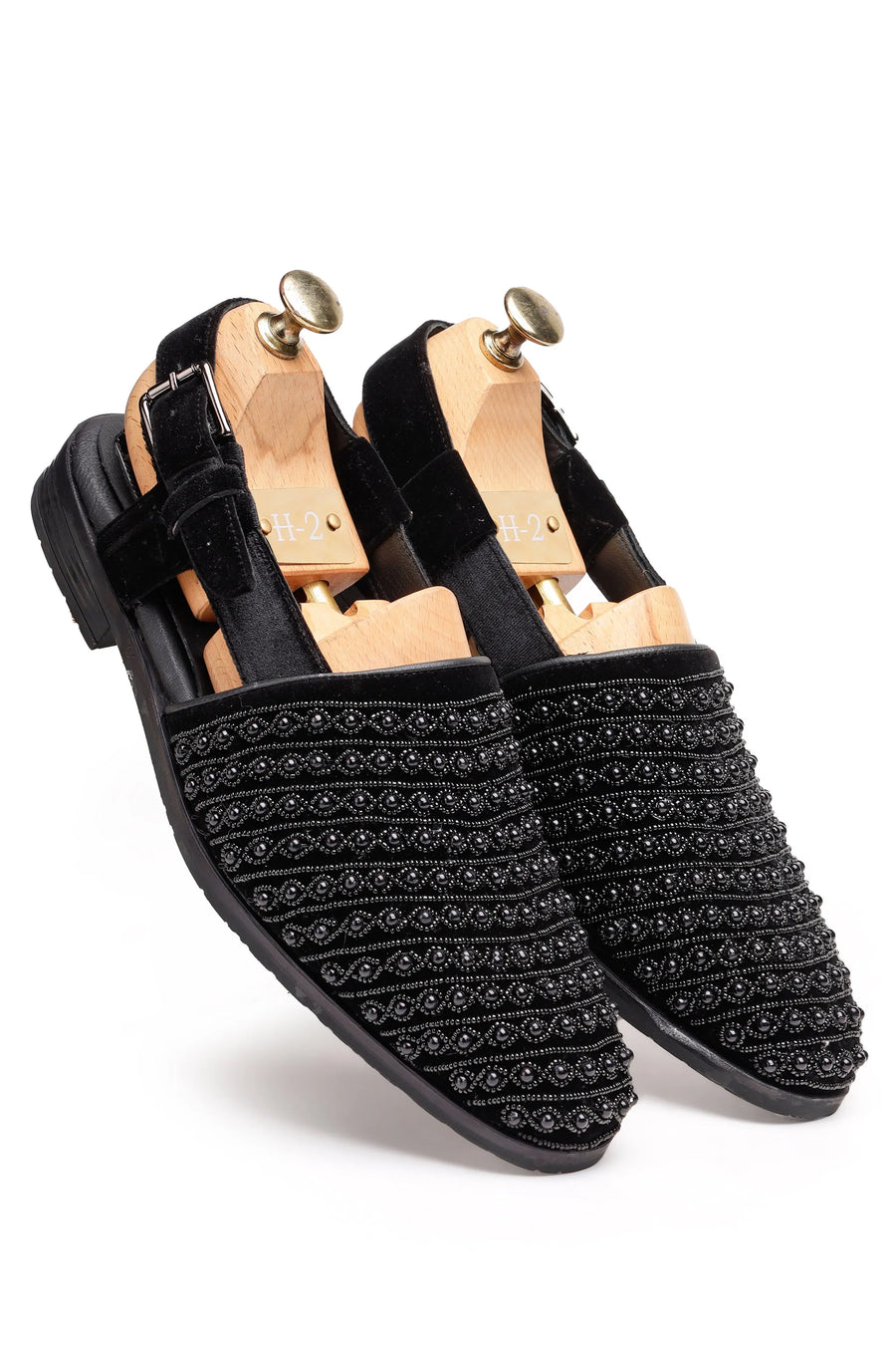 Black Velvet Low-Heel Sandals with Moti & Pearl Hand Embroidery