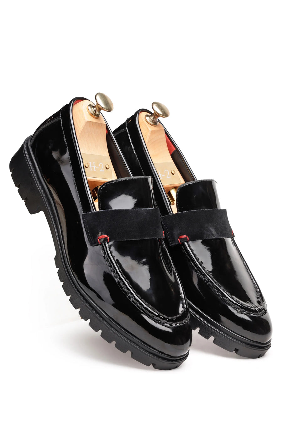 Black Patent Leather Loafers with Velvet Strap Detailing