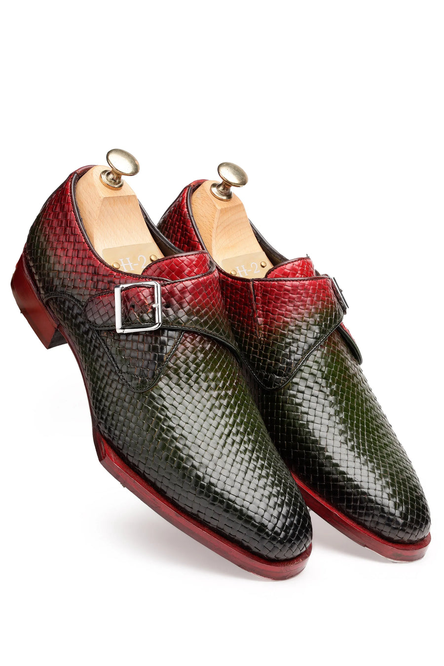 Two-Tone Red & Dark Green Python-Texture Leather Shoes