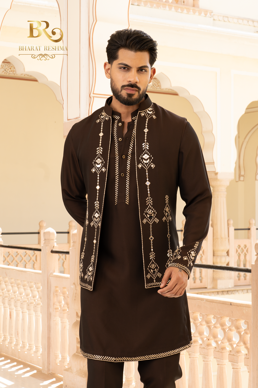 Brown Designer Waistcoat Kurta Set with Mirror Work