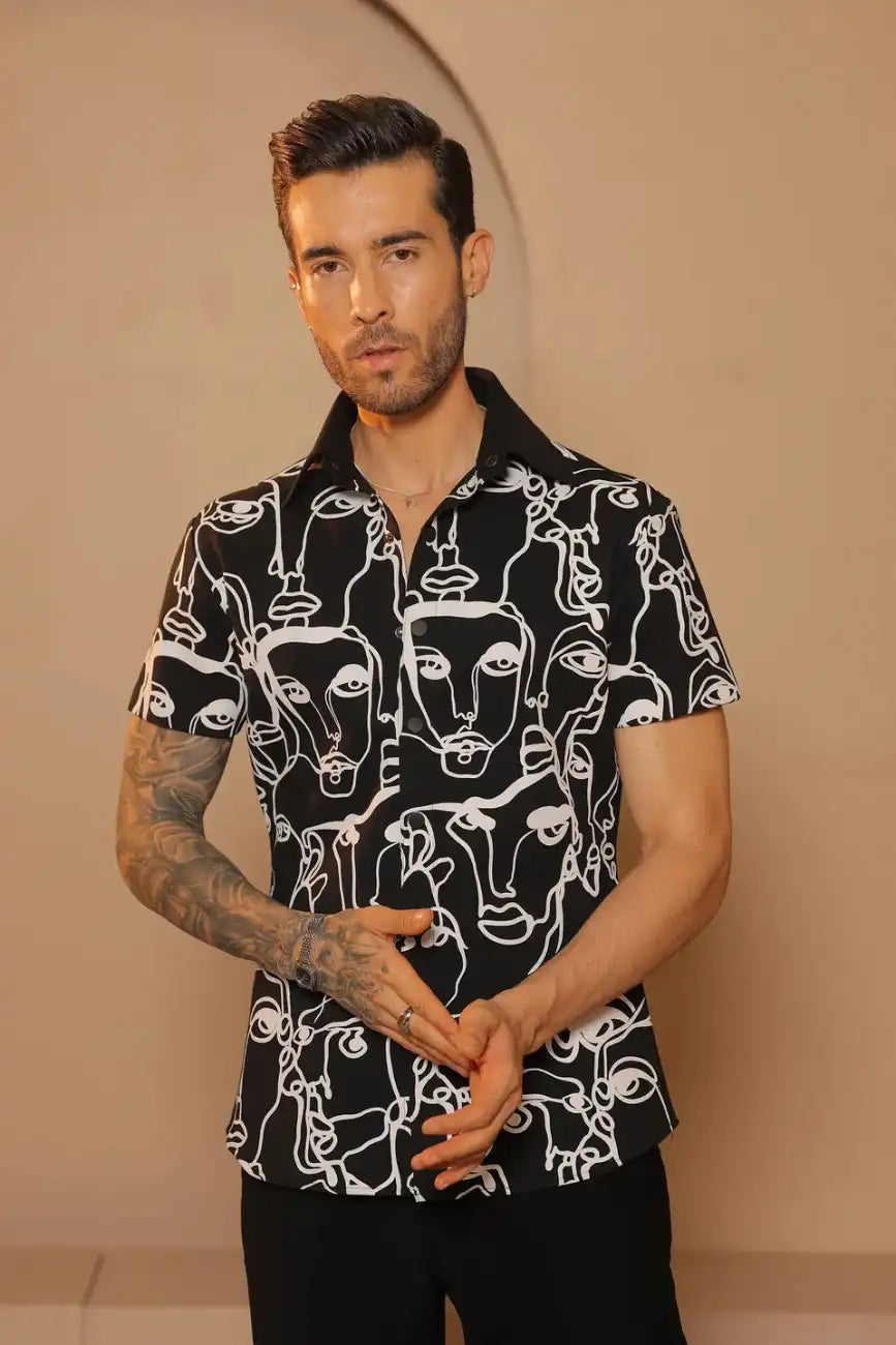 Black Abstract Faces Printed Shirt