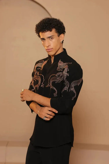 Black V collar fish motifs embroidered shirt