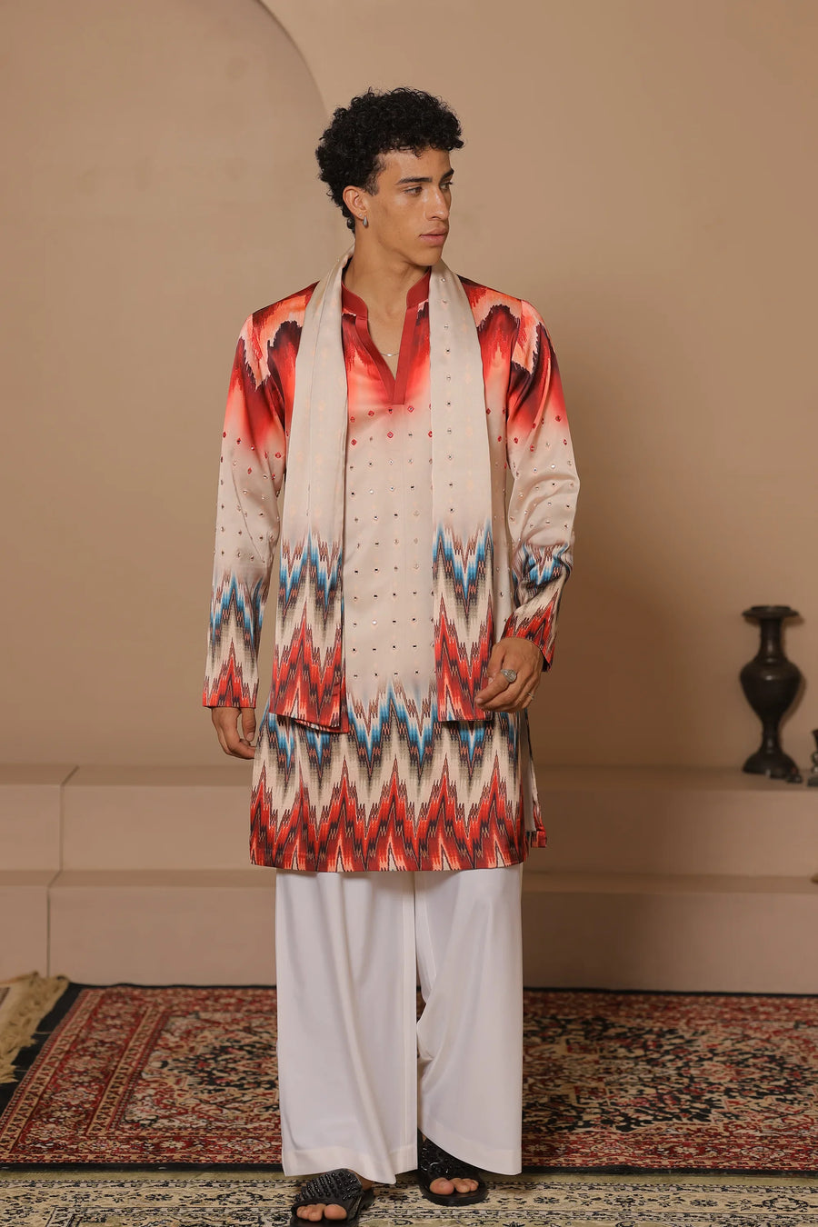 Ikkat illusion kurta stole set