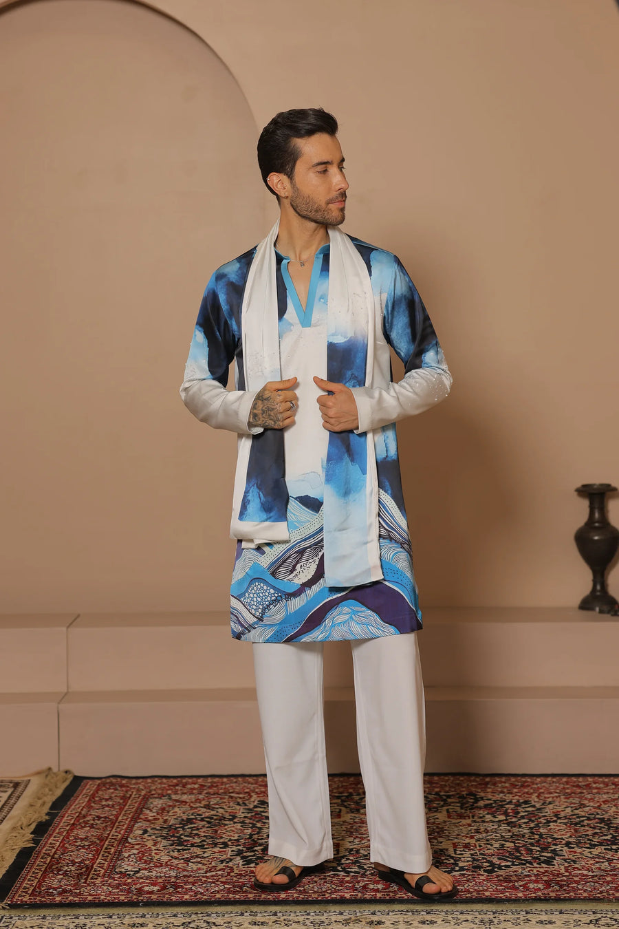 Blue wave kurta stole set