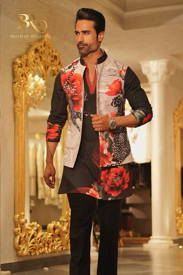Black & white floral tiger Waistcoat kurta set