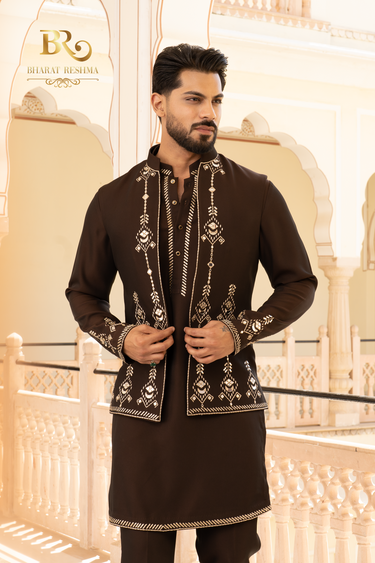 Brown Designer Waistcoat Kurta Set with Mirror Work