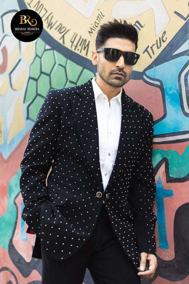 Gurmeet Chaudhary in Our Black Embroidered Tuxedo Set - Bharat Reshma