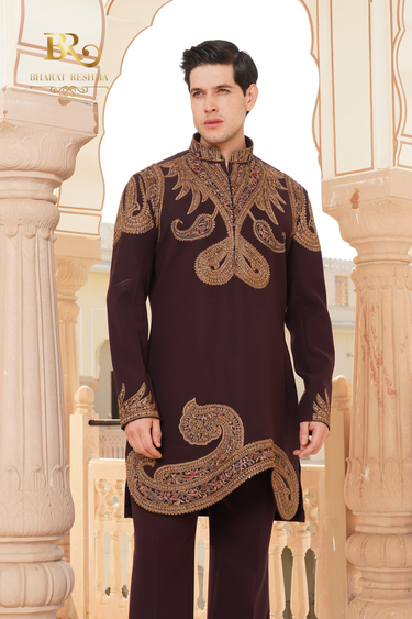 Brown Hand Embroidered Kurta Pajama Set