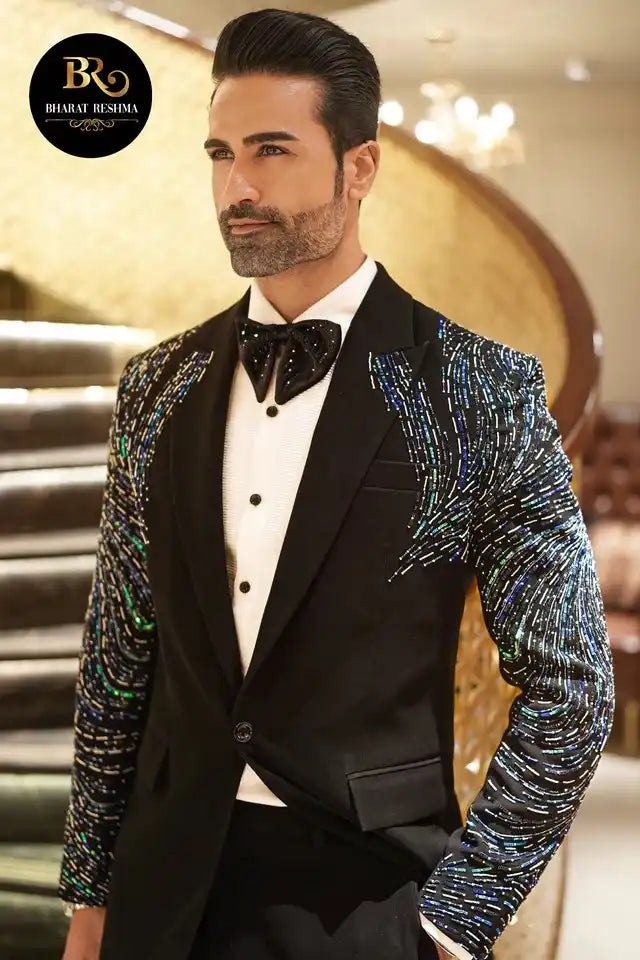 Black tuxedo with cutdana embellishment