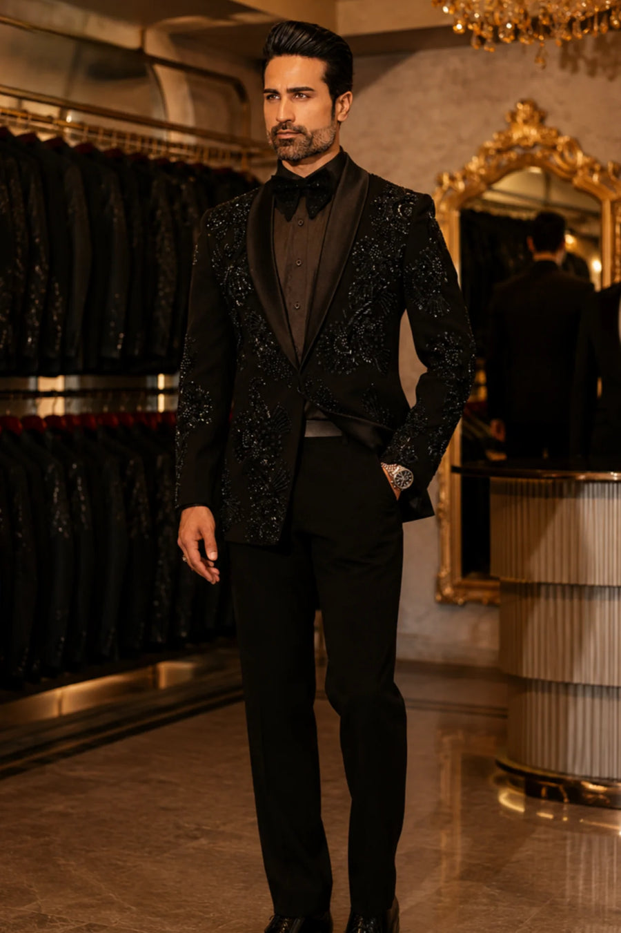 Designer Black Embroidered Tuxedo Suit