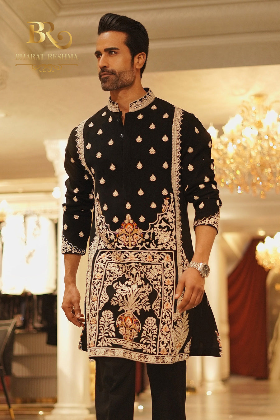 Black Mughal design kurta set