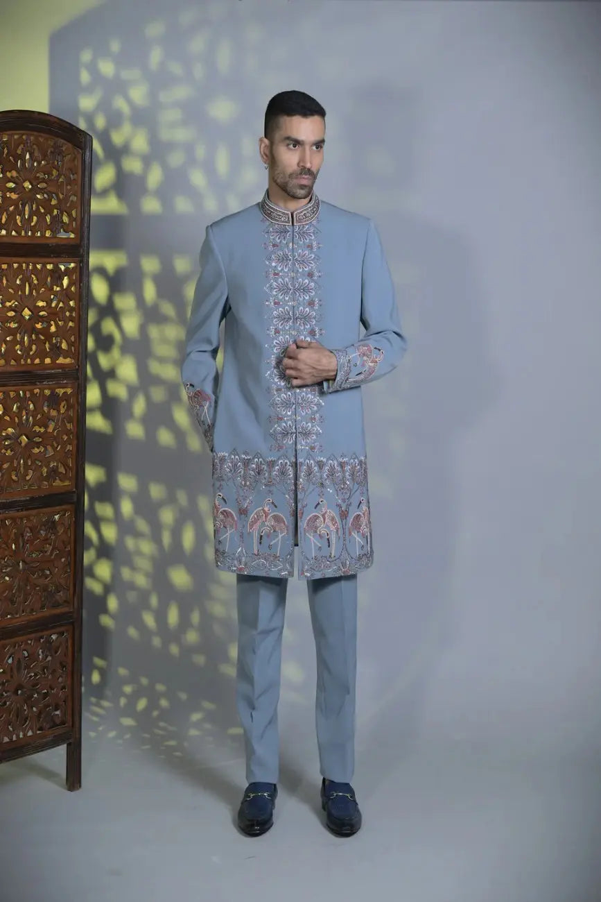 Designer Powder blue Indo-western with flamingo detailing