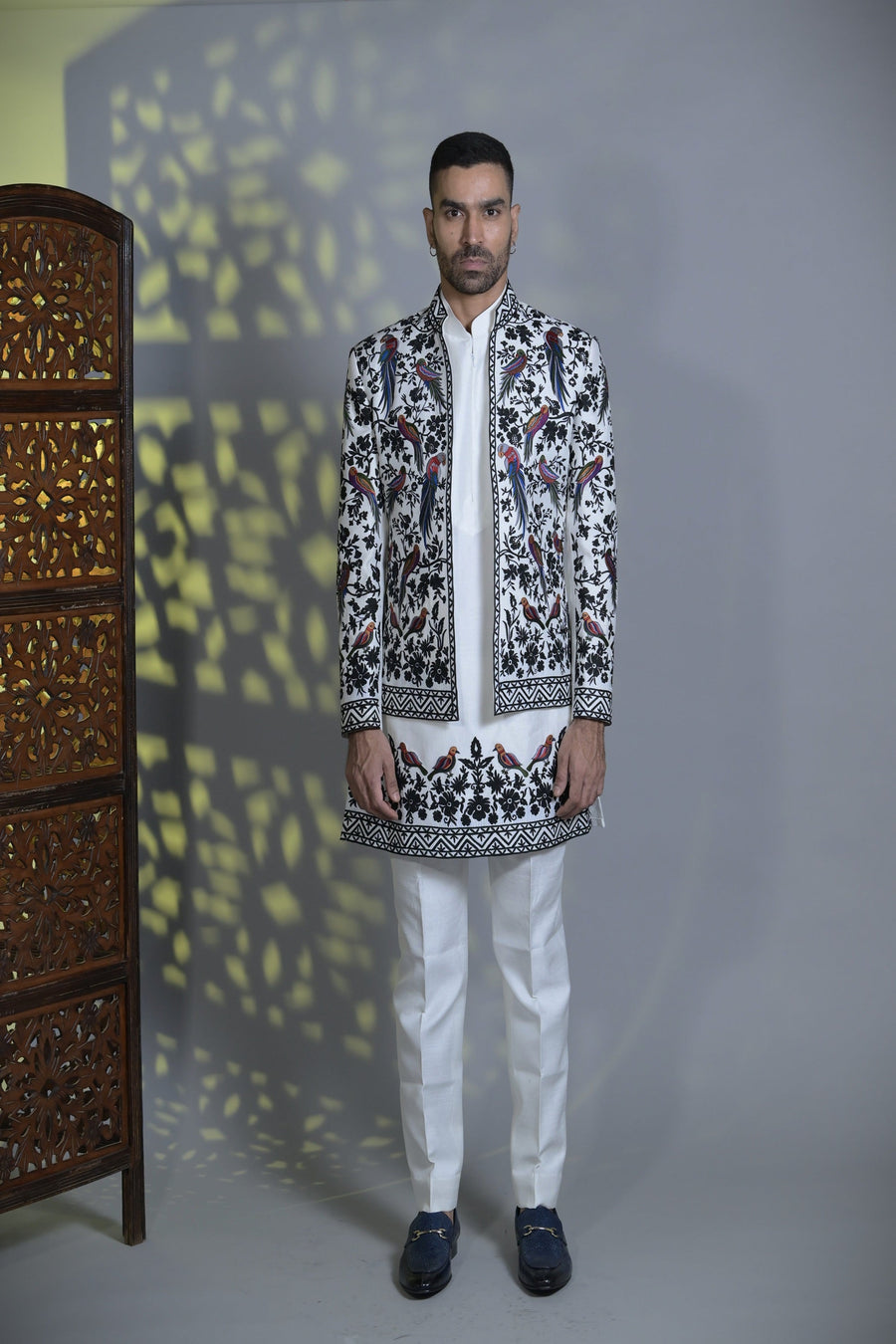Designer White Indo-western with Bird & flower detailing