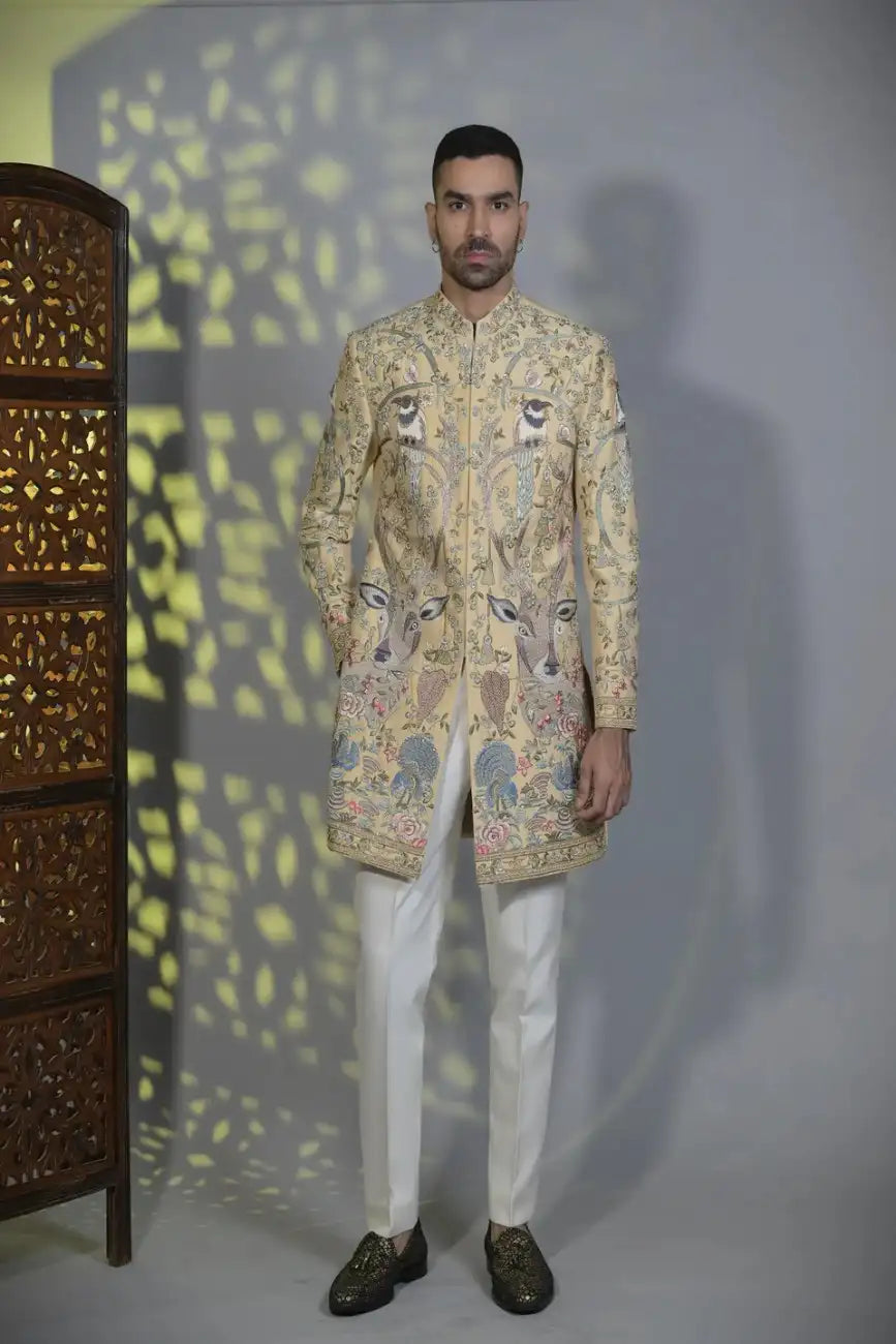 Designer Cream Concealed achkan Indo-western