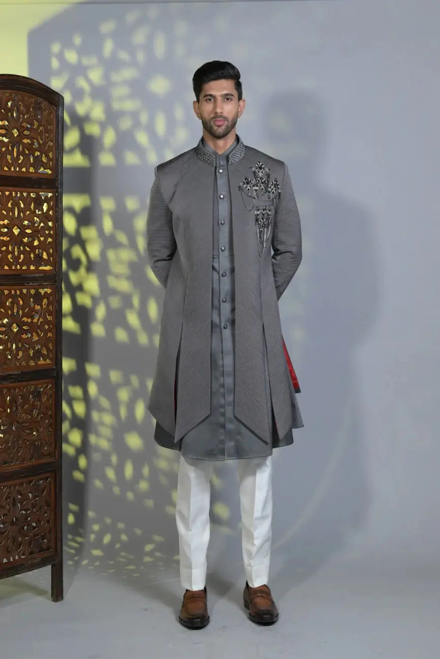 Designer Gray Front Open Embellished Detailed Indo-western