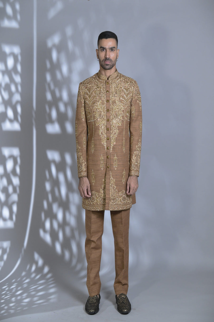 Designer Brown Indo-western with thread embroided achkan