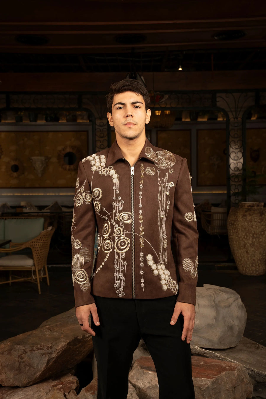 Brown, Grey Embroidered Jacket