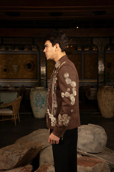 Brown, Grey Embroidered Jacket
