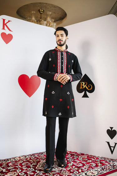 Lucky Card Black Kurta – Magna Fabric with Red & White Embroidery