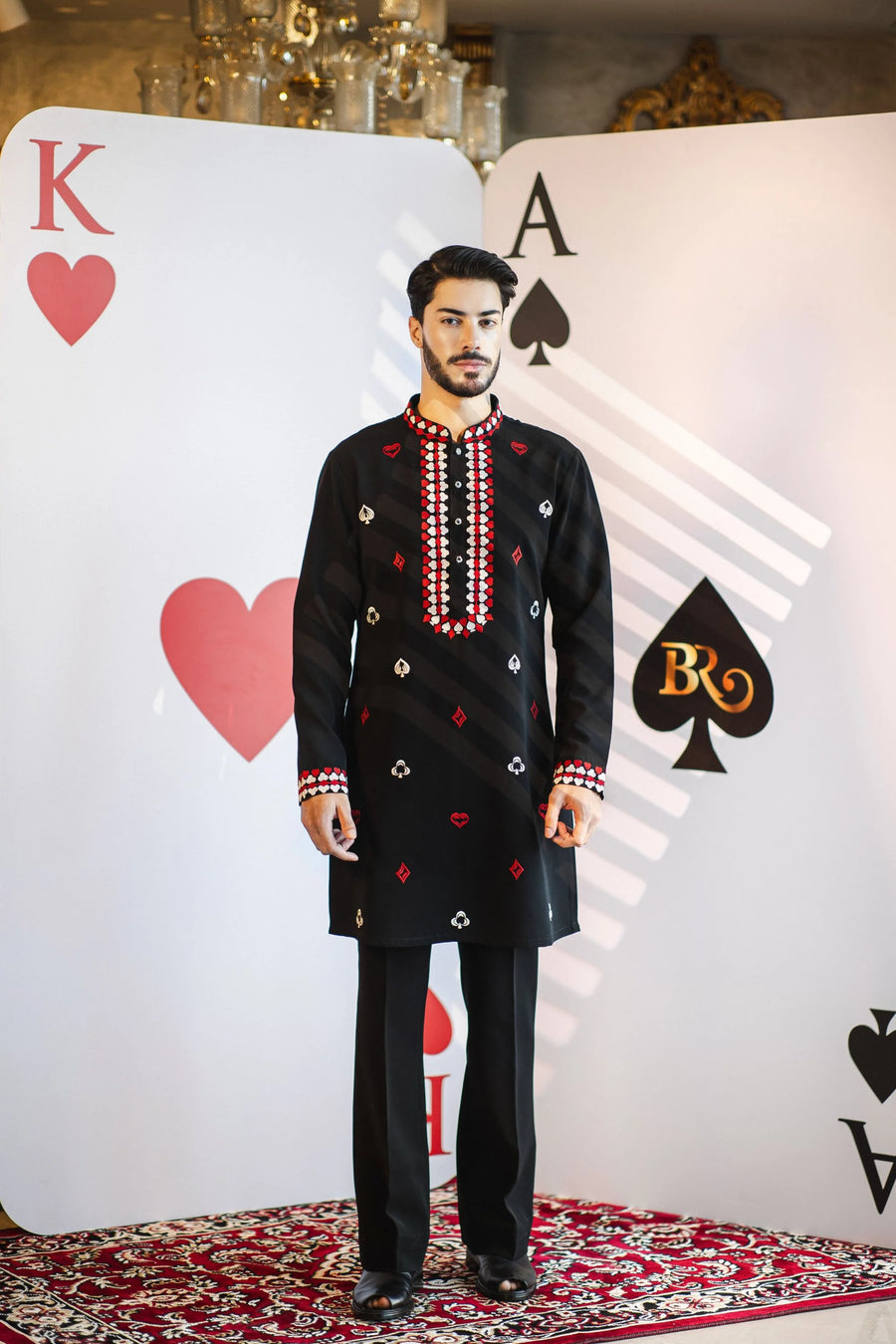 Lucky Card Black Kurta – Magna Fabric with Red & White Embroidery