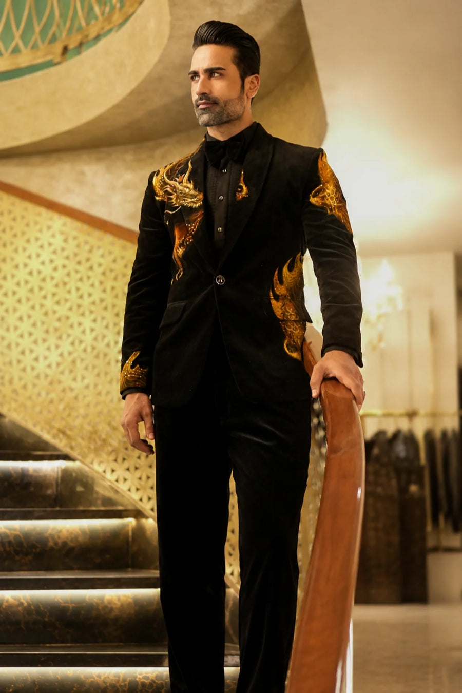 Black Velvet Hand painted & Swarovski Work Tuxedo Set