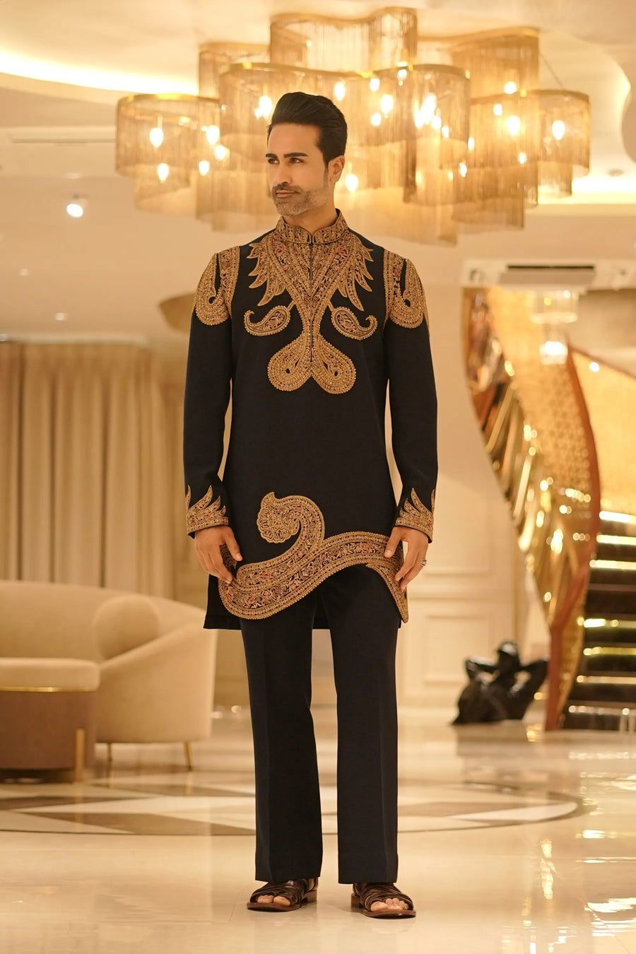 Paisley Navy Blue Kurta Set with Hand Embroidery