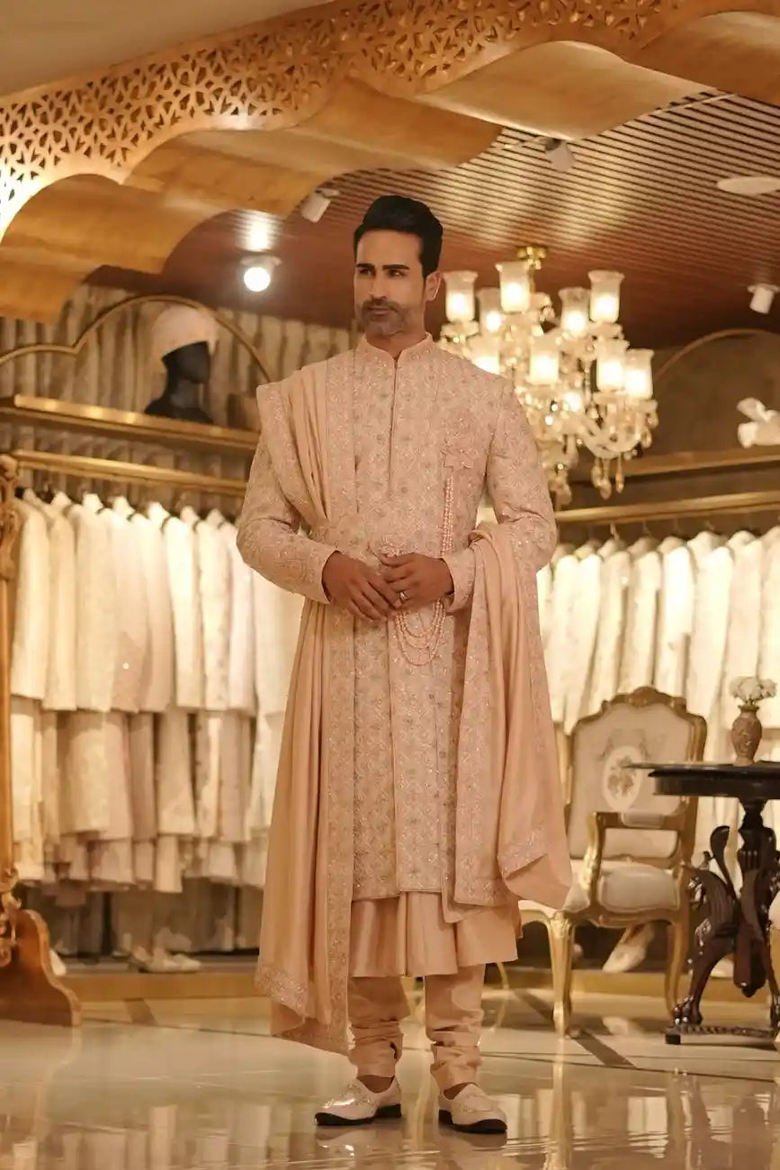 Peach Gulbarga Sherwani with 3D Motif & Pearl Detailing
