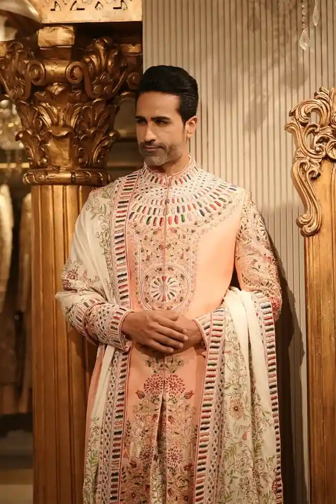 Peach Silk Rang Ras Sherwani Set with Royal Multicolour Detailing