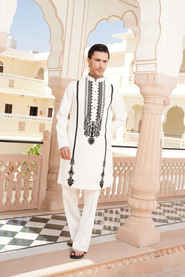 White Kurta with Black Embroidered